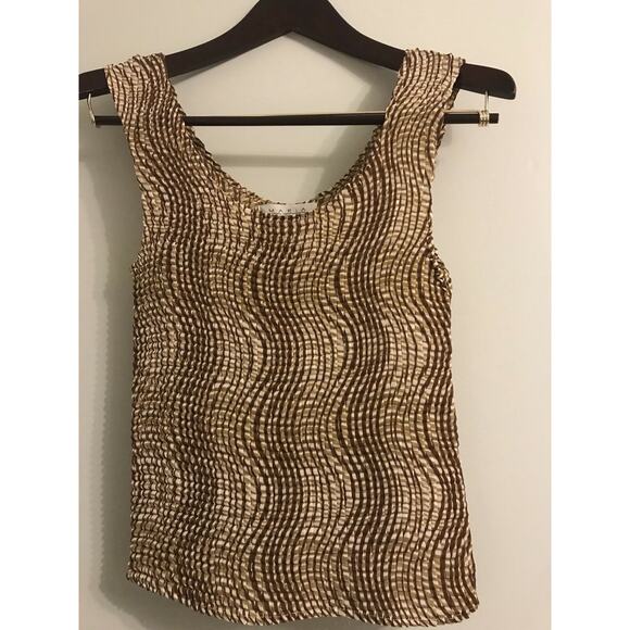 Maria Gabrielle NY Accordion Pleat Tank Top Stripe Brown Ivory blouse Sz S - Picture 1 of 6